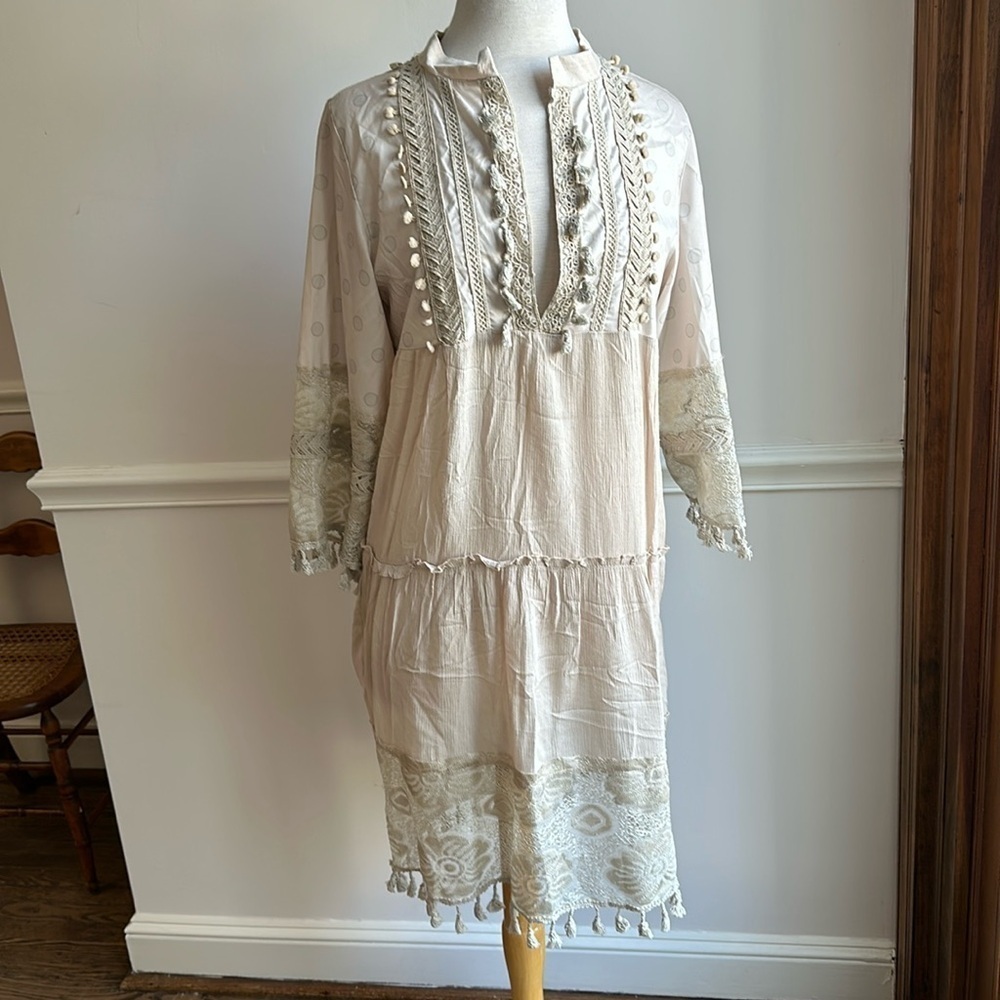 Misslook Caftan Style Dress Coverup Beige Tassels Lace Trim Small EUC